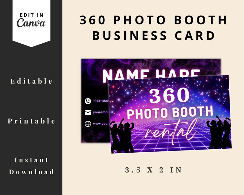 360 Photo Booth Business Card Template, Photo Booth Supplier, Party Rental Card, Photography