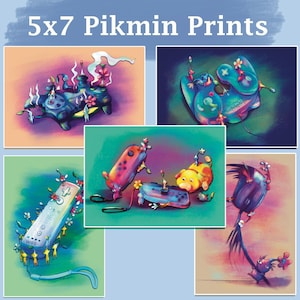 Puede incluir: Cinco impresiones de 12,7 x 17,8 cm con ilustraciones coloridas de mandos de videojuegos con personajes de Pikmin. Las impresiones presentan una variedad de mandos, incluyendo un mando de GameCube, un mando de Wii, un Joy-Con de Nintendo Switch y un mando clásico de NES.