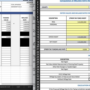 Op de afbeelding: Een spreadsheet met financiële gegevens, waaronder de belastbare waarde en de berekeningen van de millagerate. Het document toont cijfers voor onroerend goed en persoonlijke bezittingen, met secties voor bruto- en netto-overzichten. De tekst bevat "Computation of Millage Rate Rollback".