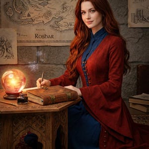 May include: A woman in a red coat and blue dress sits at a wooden table, writing in a book. A glowing crystal ball and a map of Roshar are visible. The book is titled "MEMOIRS OF URITHIRU".