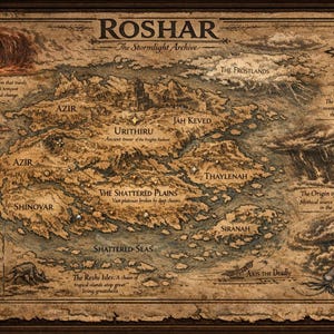 Puede incluir: Un mapa detallado de Roshar de The Stormlight Archive, con regiones geográficas como Azir, Urithiru y las Llanuras Fragmentadas. El mapa tiene una estética vintage, incluyendo una rosa de los vientos y etiquetas de texto.