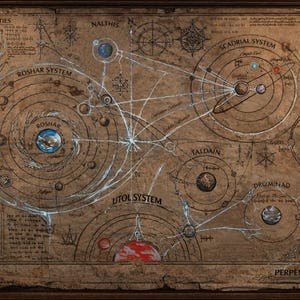 May include: A detailed, aged-paper style map depicting the Cosmere universe with various planetary systems including Roshar, Scadrial, Selish, Taldain, and Utol. The chart features intricate orbital diagrams, celestial bodies, and text labels.