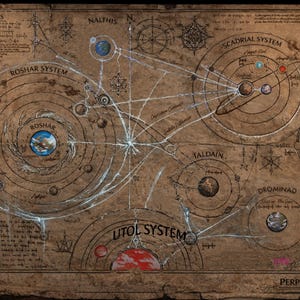 Puede incluir: Un mapa detallado de estilo pergamino envejecido que representa cuerpos celestes y sistemas planetarios. El mapa incluye áreas etiquetadas como el "Roshar System" y el "Scadrial System", con intrincados trazos y ilustraciones de galaxias en espiral. El texto "Perpendicularities" es visible.
