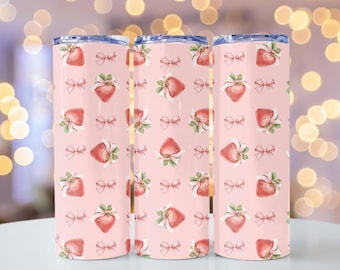 Strawberry Pink Bow 20 oz Skinny Tumbler Design, Strawberry Tumbler Wrap, Strawberry PNG, Coquette Tumbler Wrap, Sublimation
