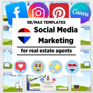 May include: A collage of images showing social media marketing tips for real estate agents using RE/MAX templates. The images include the Facebook, Instagram, Pinterest, and Canva logos, as well as a heart, smiley face, and sparkling stars. The text "RE/MAX TEMPLATES Social Media Marketing for real estate agents" is in the center of the image.