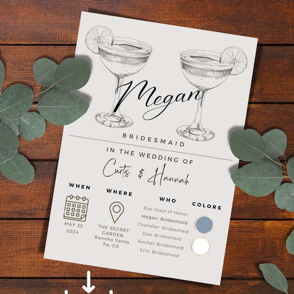 Bridesmaid Info Card Template, Bridal Party Info Card, Bridesmaid Info Card, Modern Minimalist Bridesmaid Infographic Instant, Download