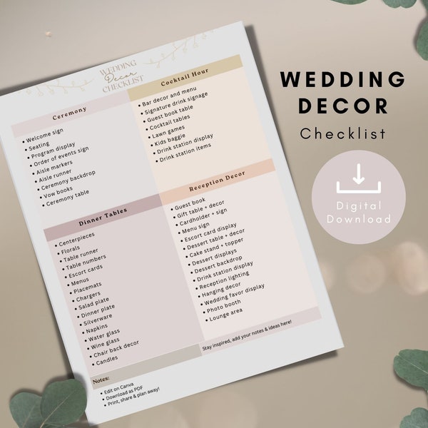 Wedding Decor Checklist, Printable Decor List,  Wedding Decor List Template, Editable, Downloadable
