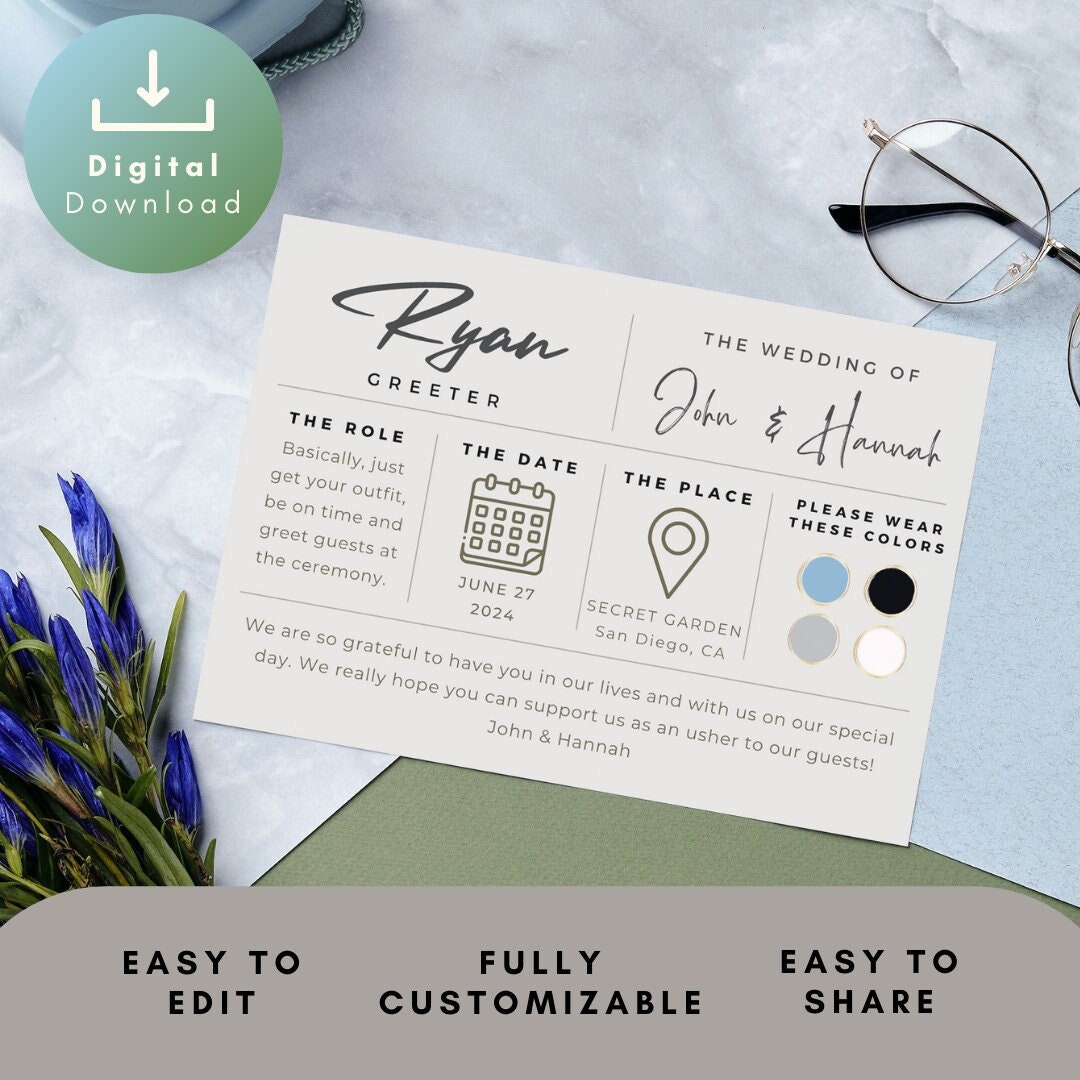 Wedding Info Card Wedding Proposal Card Wedding Role Card Template for ...