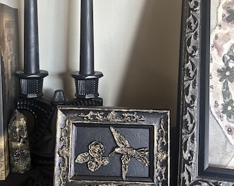Hummingbird Frame For Desk Or Shelf, Miniature Gold Bird With Roses Art