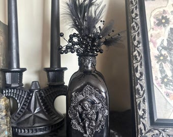 Black Glass Cherub Bottle With Cupid Cameo / Gothic Style Bud Vase For Shelf Or Vanity