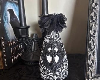 Handcrafted Black And White Peppered Cross Vase, Christian Bud Vase Bottle