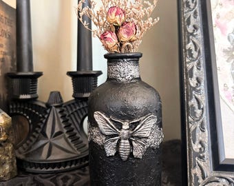 Butterfly Bottle Vase Art, Black And Silver Insect Decor For Entomology Lovers