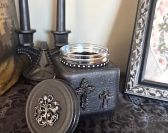 Handcrafted Glass Jar With Gothic Crosses, Castlecore Stash Box