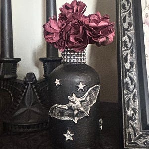 Vampire Bat Stars Bud Vase, Handcrafted Glass Art Bottle, Gothic Shelf Table Decor