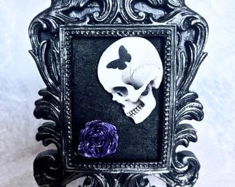 Skull And Purple Rose Miniature Frame, Romantic Gothic Skull With Butterfly