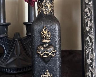 Sacred Heart Black And Gold Bottle Vase, Decorative Christian Vase