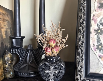 Black Gothic Heart Bud Vase, Silver Filigree Cross Shelf Decor