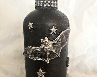 Vampire Bat Stars Bud Vase, Handcrafted Glass Art Bottle, Gothic Shelf Table Decor