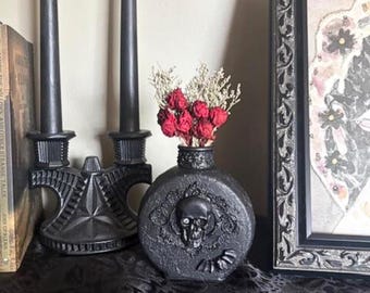 Gothic Skull Cameo Bud Vase, Skull And Bats Dark Shelf Decor