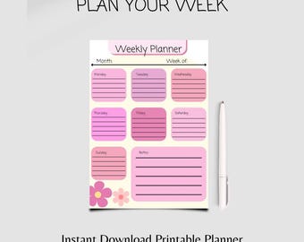 Weekly Planner Printable, Pink Weekly Schedule, Week At a Glance, Weekly Organizer, Office Planner, Desk Planner, A4/Letter, Girl Planner