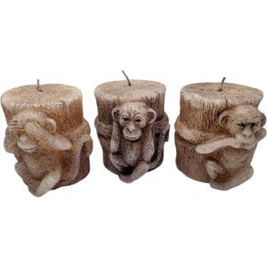 Vintage Ornate Hand Sculpted Monkey Candles Decor Set Hear See Speak No Evil 3&quot;