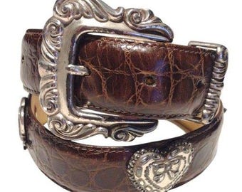 Ceinture Western Vintage Brighton - Cuir Marron Simili Crocodile - Taille Medium
