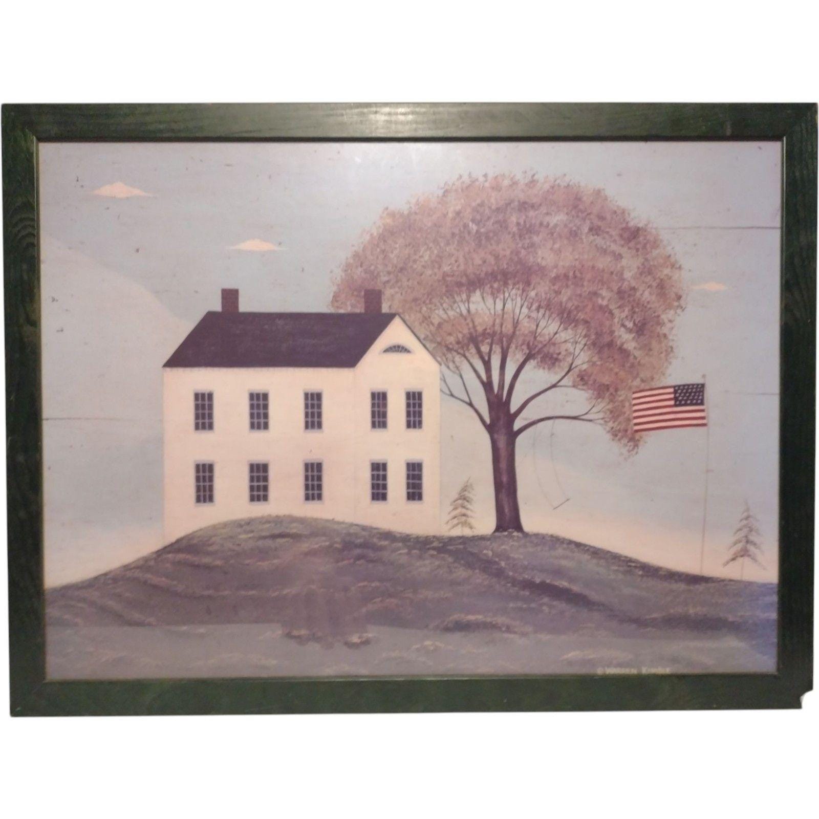Warren Kimble House With Flag Green Wood Framed Print American