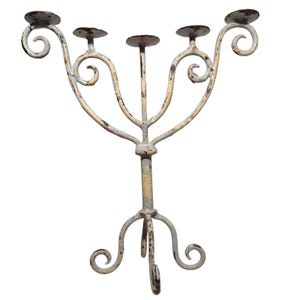 Antique French Country Farmhouse Wrought Iron 5-Arm Candelabra Candle Holder Rustic Primitive Hand Forged Patina 15&quot;