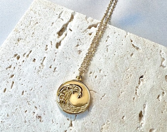 Sea Wave Necklace, 18K Gold Coin Necklace, Ocean Beach Necklace, Water Wave Pendant, Marine Life Necklace, Surfer Necklace Gift