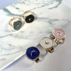 Gold Color Coin Ring, Heart Star Moon Shape Crescent Lightning Enamel Round Pendant Ring, Friendship Ring Gift