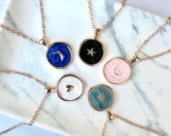 Gold Color Coin Necklace, Heart Star Moon Shape Lightning Enamel Round Pendant Necklace, Friendship Gift, Bridesmaid Gift