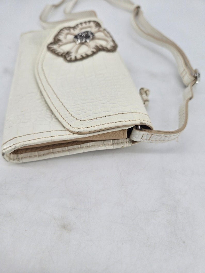 Vtg Brighton Off White Crocodile Leather Embroidered Flower Wallet Crossbody Bag image 3