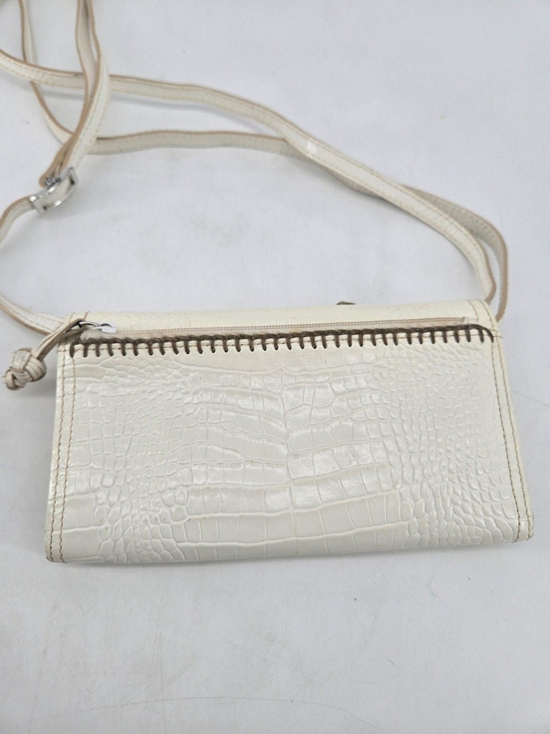 Vtg Brighton Off White Crocodile Leather Embroidered Flower Wallet Crossbody Bag image 5