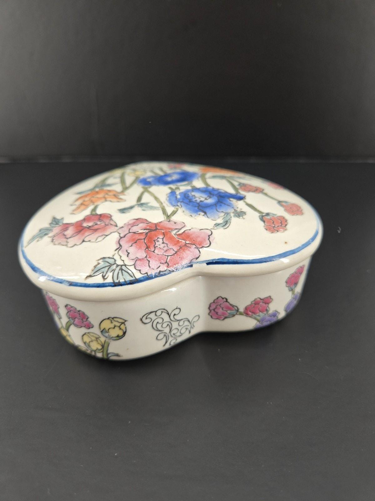 ヴィンテージ 70年代 花柄 陶器 ハート 蓋付き 小物入れ WBI 中国