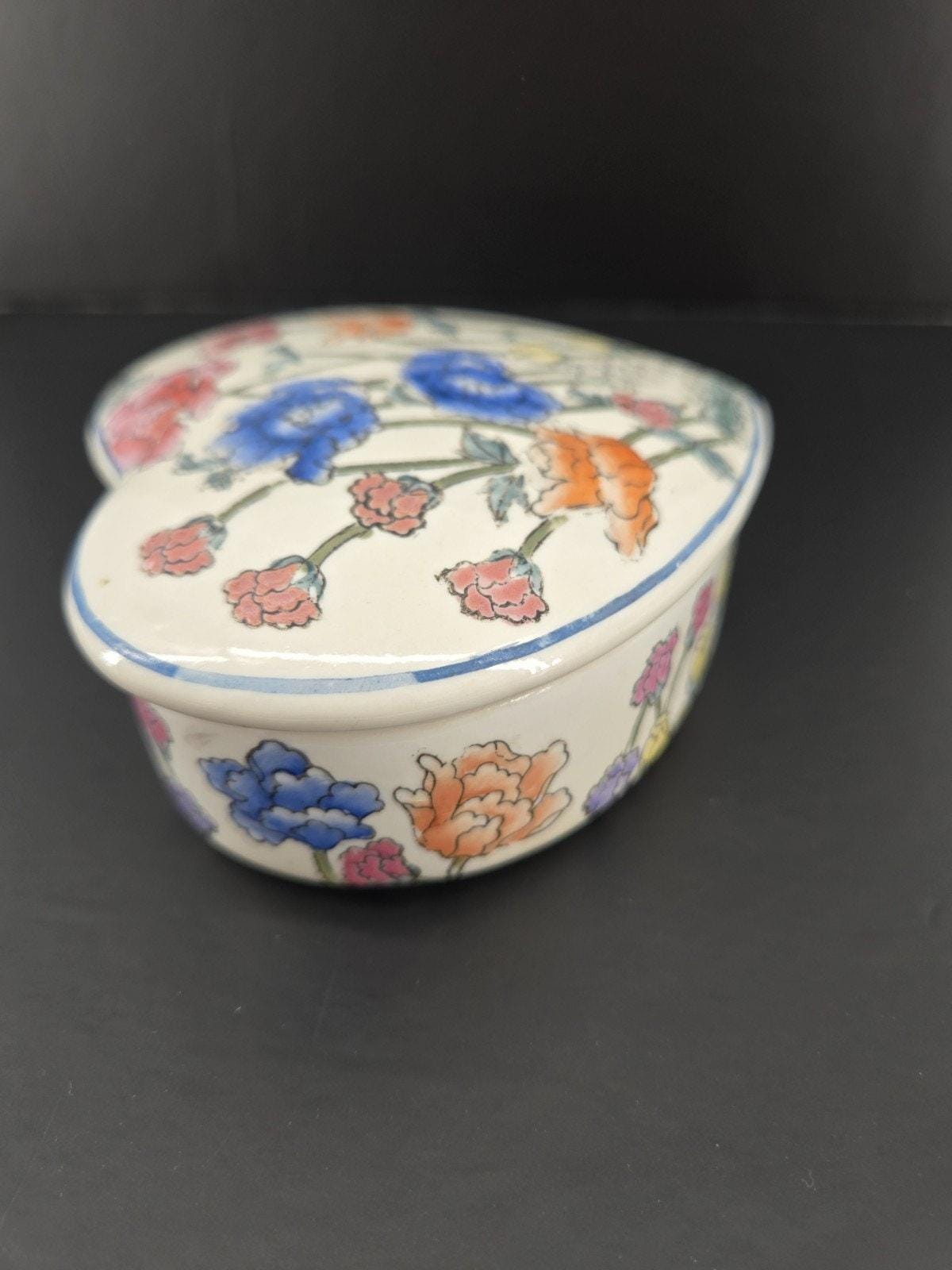 ヴィンテージ 70年代 花柄 陶器 ハート 蓋付き 小物入れ WBI 中国