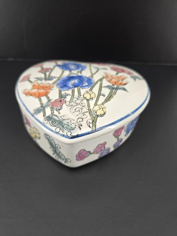 ヴィンテージ 70年代 花柄 陶器 ハート 蓋付き 小物入れ WBI 中国