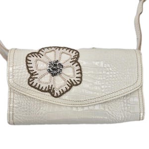 Vtg Brighton Off White Crocodile Leather Embroidered Flower Wallet Crossbody Bag image 1