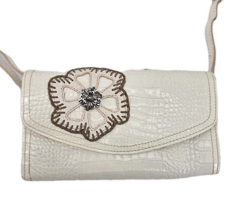 Vtg Brighton Off White Crocodile Leather Embroidered Flower Wallet Crossbody Bag image 1