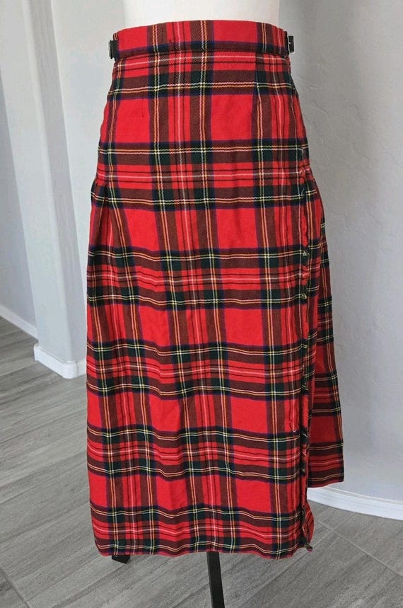 80s Tartan Plaid Wool Maxi Skirt: Pleated Red Vintage Skirt