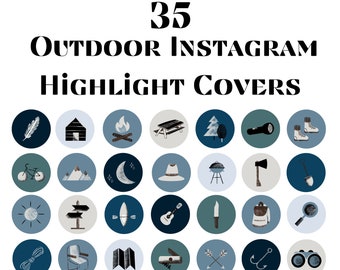 May include: 35 blue and green illustrated Instagram highlight covers featuring outdoor themes, such as camping, hiking, and fishing.
