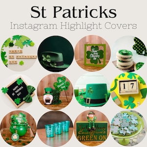 May include: A collection of St. Patrick's Day themed Instagram highlight covers. The covers feature green shamrocks, leprechauns, hats, and other festive decorations. Some of the covers also include text such as "Happy St. Patrick's Day" and "Get Your Green On".