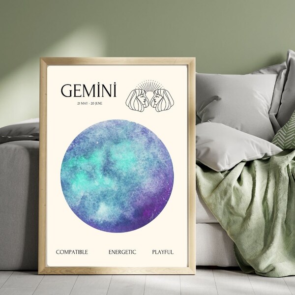 GEMİNİ Wall Art Zodiac Poster Printable, Gemini Art, Gift, Cosmic Wall Art, Horoscope Gifts, Astrology Art, Spiritual Art Print