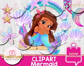 Clipart Afro-Amerikaanse zeemeermin, verjaardagsuitnodiging, png (digitale download)