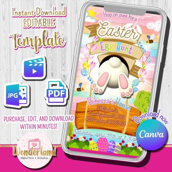 Easter Egg Hunt Invitation, Bunny Invitation, happy easter invitation video, easter card, happy easter digital, Easter Egg Editable Template
