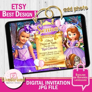 May include: Digital invitation for a princess-themed birthday party. The invitation features a photo of a young girl dressed as a princess, a cartoon image of Princess Sofia, and a scroll with the text "Princess Senna is turning 3. Calling all Princesses and Knights. Please join us for a Royal Celebration. Saturday, January 17th, 2019 from 2:00pm to 5:00pm. 225 Broadway, Suite 3001, New York, NY 10007. RSVP Tom Phillips 212-935-4655."