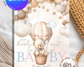 Invitación editable de revelación de género de oso bohemio (video, impresión)