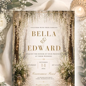 Editable Wedding Invitation Template, Canva Wedding Invite, White Floral Forest Wedding, Elegant Printable Invitation, Twilight wedding