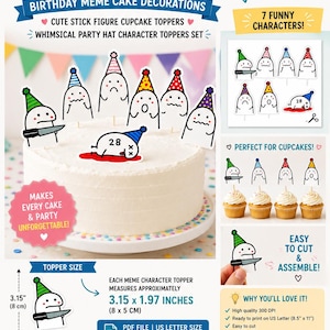 Funny Meme Cake Topper | Birthday Meme Cake Decorations | Cute Stick Figure Cupcake Toppers | Whimsical Party Hat Character Toppers Set, PDF image 5