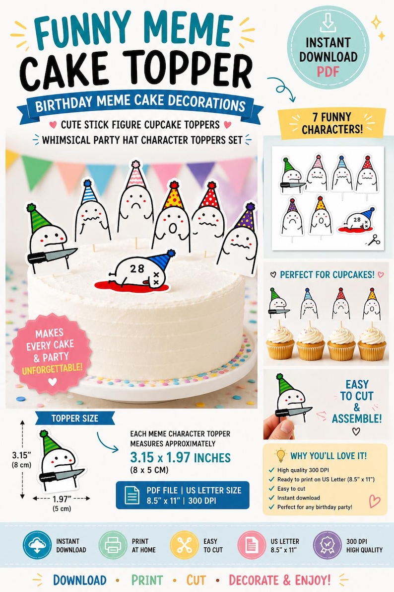 Funny Meme Cake Topper | Birthday Meme Cake Decorations | Cute Stick Figure Cupcake Toppers | Whimsical Party Hat Character Toppers Set, PDF image 5