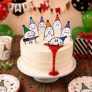 Lustige Meme-Kuchenaufsätze | Geburtstagskuchen-Dekorationen mit Meme-Motiven | Niedliche Cupcake-Aufsätze mit Strichmännchen | Verspieltes Set mit Partyhut-Figuren (PDF)